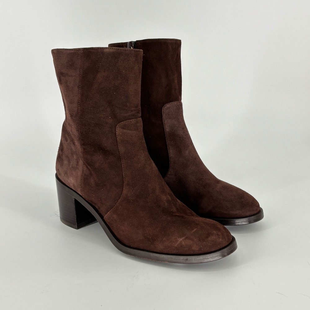 Stuart Weitzman Esme Suede Ankle Boots Dark Brown Women Size 7 Block Heel Luxury